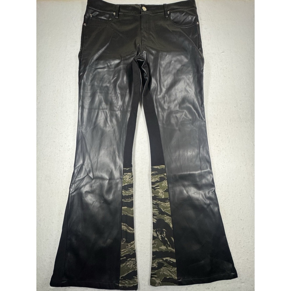 RARE EPTM Faux Leather Camo Insert Flare Pants Men 2XL 39 Tiger Stripe Black NWT